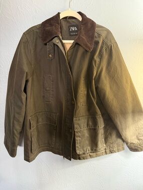 Zara Olive Green Utility Jacket with Brown Cord Collar